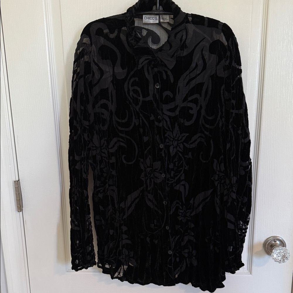 Chico's Black Velvet Burned Out Sheer Blouse
